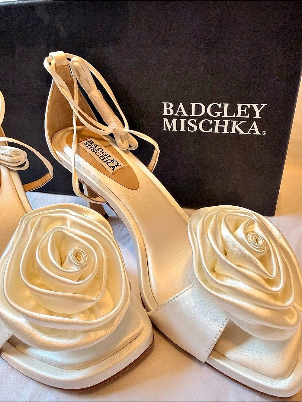 Badgley Mischka Janelle Satin Rosette Heels White NWT